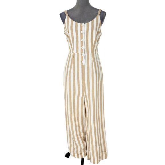 Rails Pants - Rails Jumpsuit Womens Medium Beige Stripe Linen Blend Ankle Crop Teresa Coastal